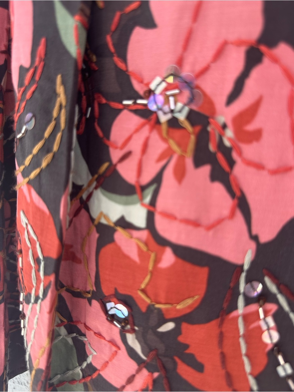 Talbots Brown Pleated Circle Skirt with Pink Embroidered Beaded Floral Print, 16 - Picture 10 of 13